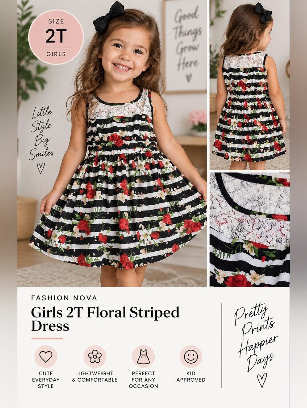New fashion kids girls 2T floral striped dress #11